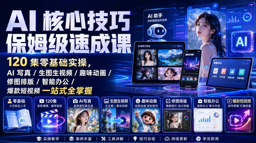 AI核心技巧保姆级速成课|120集零基础实操,AI写真/生图生视频/趣味动画/修图排版/智能办公/爆款短视频一站式全掌握(更新) AI核心技巧保姆级速成课|120集零基础实操,AI写真/生图生视频/趣味动画/修图排版/智能办公/爆款短视频一站式全掌握(更新)