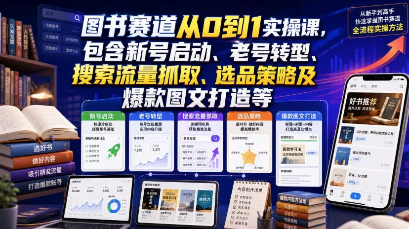 图书赛道从0到1实操课,包含新号启动、老号转型、搜索流量抓取、选品策略及爆款图文打造等 图书赛道从0到1实操课,包含新号启动、老号转型、搜索流量抓取、选品策略及爆款图文打造等
