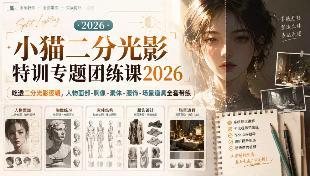 小猫二分光影特训专题团练课2026｜吃透二分光影逻辑，人物面部‑胸像‑素体‑服饰‑场景道具全套带练，高清画质附赠课件与笔刷