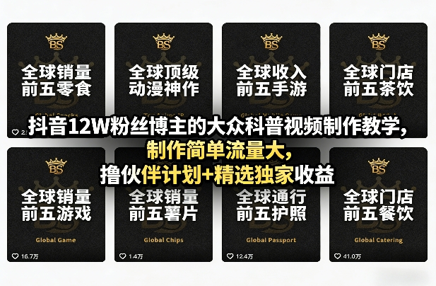 抖音12W粉丝博主的大众科普视频制作教学，制作简单流量大，撸伙伴计划+精选独家收益