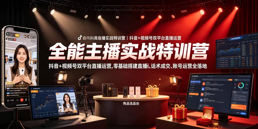 全能主播实战特训营|抖音+视频号双平台直播运营,零基础搭建直播间、精准选品、话术成交、账号运营全落地 全能主播实战特训营|抖音+视频号双平台直播运营,零基础搭建直播间、精准选品、话术成交、账号运营全落地
