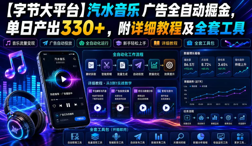 【字节大平台】汽水音乐广告全自动掘金，单日产出330+，附详细教程及全套工具【揭秘】