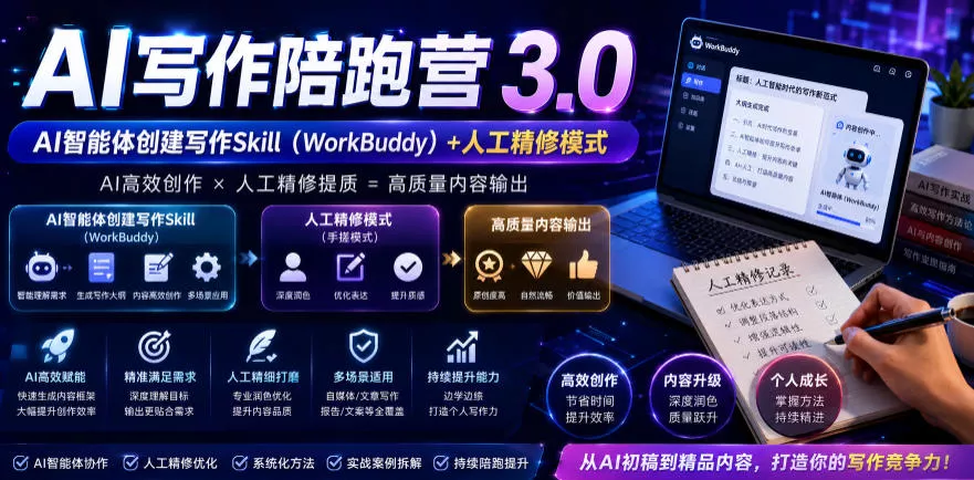AI写作陪跑营3.0,Ai智能体创建写作skill(workbuddy)+人工手写模式(手搓模式),去除AI痕迹(头条号、公众号、百家号)(更新0730) AI写作陪跑营3.0,Ai智能体创建写作skill(workbuddy)+人工手写模式(手搓模式),去除AI痕迹(头条号、公众号、百家号)(更新0730)
