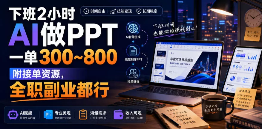 下班2小时AI做PPT,一单300~800,附接单资源,全职副业都行【揭秘】 下班2小时AI做PPT,一单300~800,附接单资源,全职副业都行【揭秘】