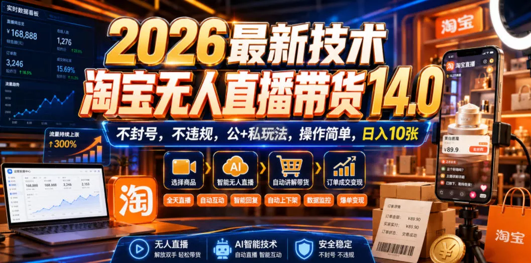 2026最新技术,淘宝无人直播带货14.0,不封号,不违规,公+私玩法,操作简单,日入10张【揭秘】 2026最新技术,淘宝无人直播带货14.0,不封号,不违规,公+私玩法,操作简单,日入10张【揭秘】