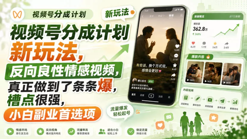 视频号分成计划新玩法，反向良性情感视频，真正做到了条条爆，槽点很强，小白副业首选项