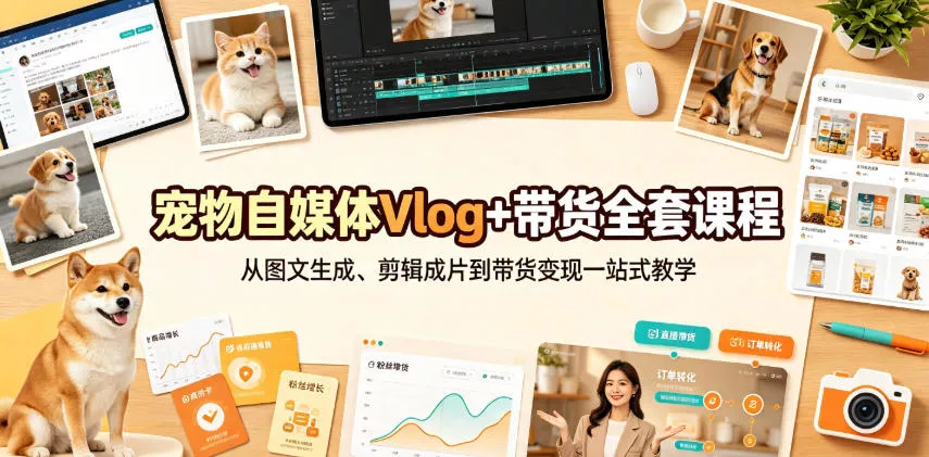 宠物自媒体Vlog+带货全套课程|从图文生成、剪辑成片到带货变现一站式教学 宠物自媒体Vlog+带货全套课程|从图文生成、剪辑成片到带货变现一站式教学