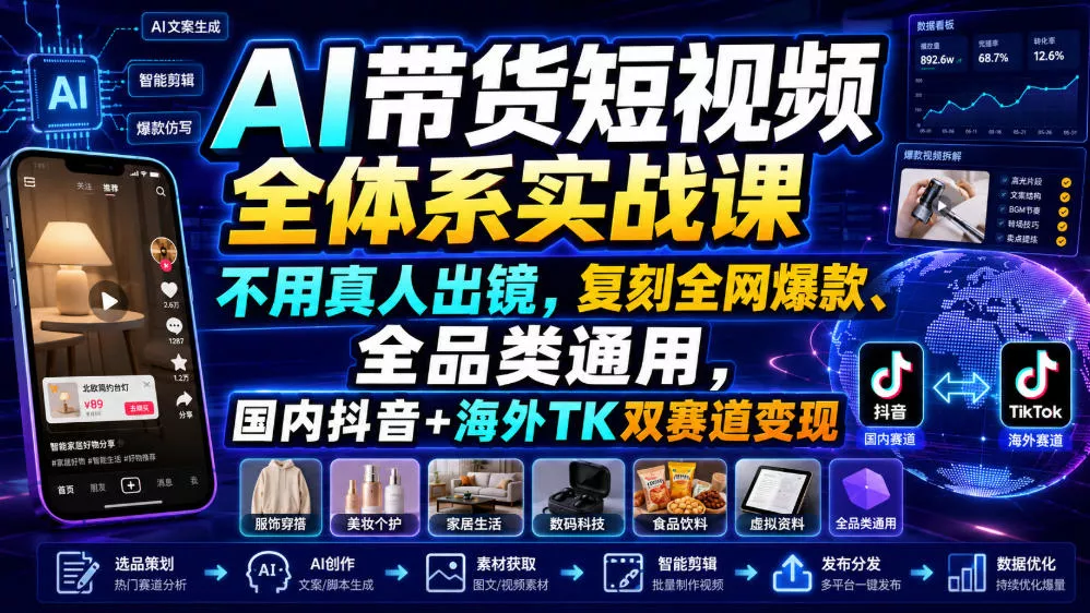 AI带货短视频全体系实战课,不用真人出镜,复刻全网爆款、全品类通用,国内抖音+海外TK双赛道变现 AI带货短视频全体系实战课,不用真人出镜,复刻全网爆款、全品类通用,国内抖音+海外TK双赛道变现