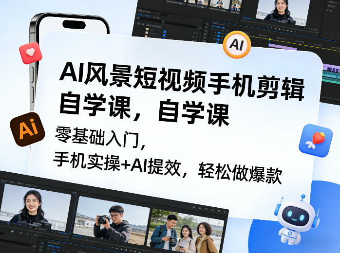 AI风景短视频手机剪辑自学课,零基础入门,手机实操+AI提效,轻松做爆款 AI风景短视频手机剪辑自学课,零基础入门,手机实操+AI提效,轻松做爆款