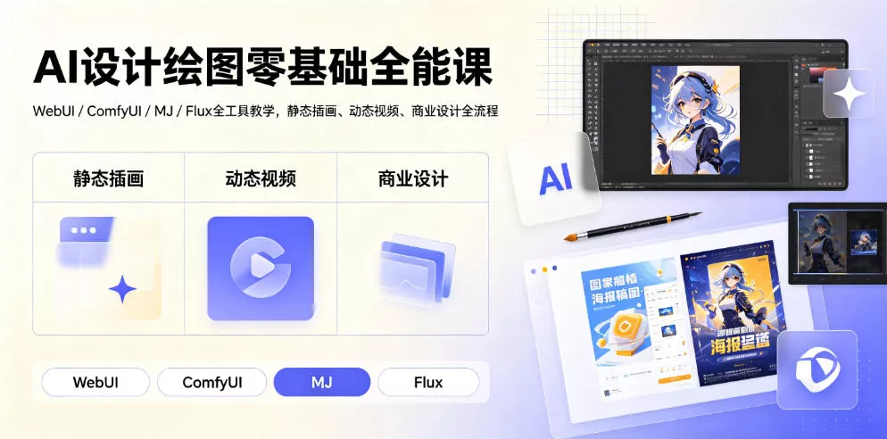 AI设计绘图零基础全能课|WebUI/ComfyUI/MJ/Flux全工具教学,静态插画、动态视频、商业设计全流程 AI设计绘图零基础全能课|WebUI/ComfyUI/MJ/Flux全工具教学,静态插画、动态视频、商业设计全流程