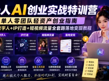 一人AI创业实战特训营，单人零团队轻资产创业指南，AI数字人+IP打造+短视频流量全套路落地变现教程