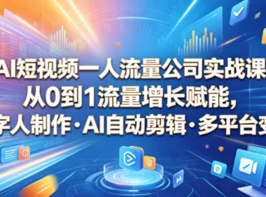 AI短视频一人流量公司实战课，从0到1流量增长赋能，数字人制作・AI自动剪辑・多平台变现，一人做流量生意全落地教程