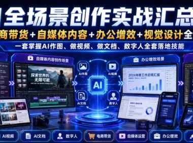 AI全场景创作实战汇总课｜电商带货+自媒体内容+办公增效+视觉设计全覆盖，一套掌握AI作图、做视频、做文档、数字人全套落地技能