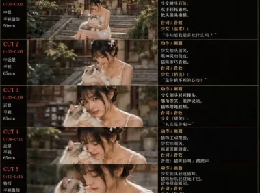 美女和猫故事提示词，人物一致性提示词+故事板