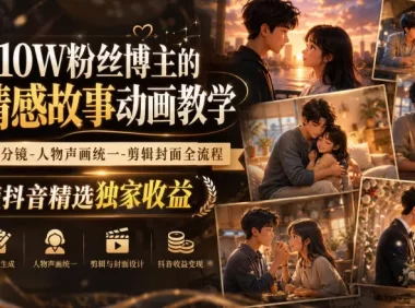 抖音10W粉丝博主的AI情感故事动画教学,灵感剧本‑分镜‑人物声画统一‑剪辑封面全流程,解锁抖音精选独家收益