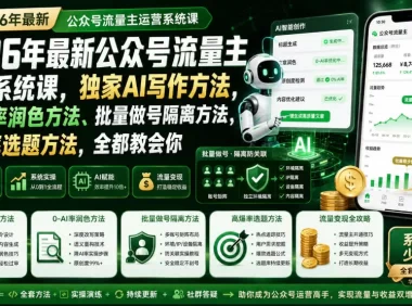 2026年最新公众号流量主运营系统课，独家AI写作方法，0-AI率润色方法、批量做号隔离方法、高爆率选题方法，全都教会你