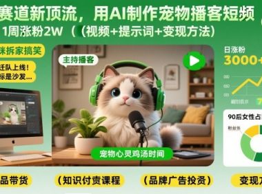 宠物赛道新顶流，用AI制作宠物播客短视频，1周涨粉2W(视频+提示词+变现方法)