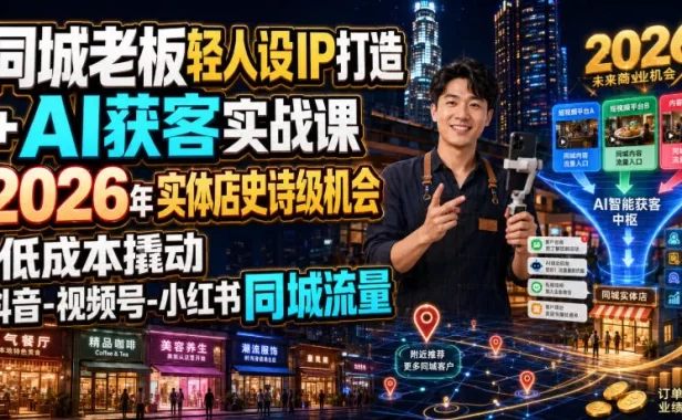 同城老板轻人设IP打造+AI获客实战课,2026年实体店史诗级机会,低成本撬动抖音-视频号-小红书同城流量