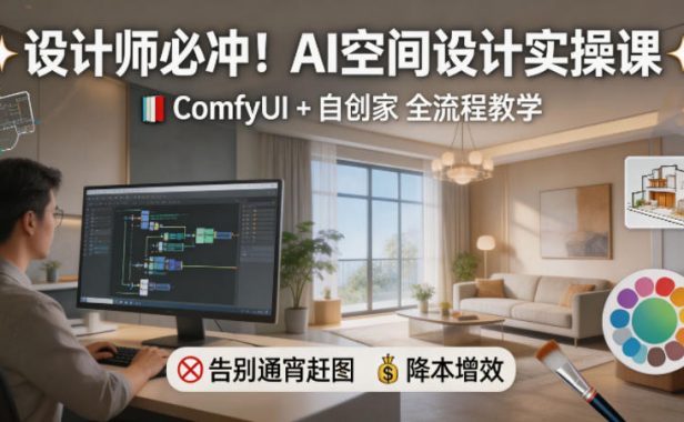 设计师必冲!AI空间设计实操课,ComfyUI+自创家全教学,告别通宵赶图,降本增效