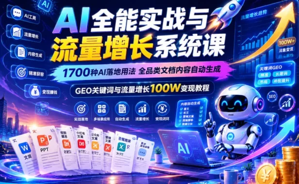 AI全能实战与流量增长系统课,1700种AI落地用法,全品类文档内容自动生成,GEO关键词与流量增长100W变现教程