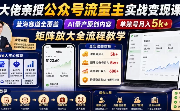 大佬亲授公众号流量主实战变现课,蓝海赛道全覆盖,AI量产原创内容,单账号月入5k+矩阵放大全流程教学