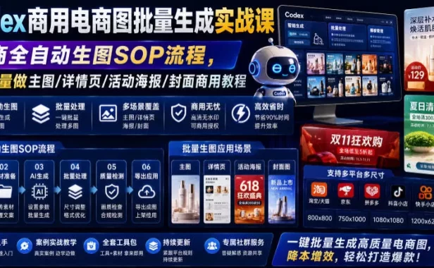 Codex商用电商图批量生成实战课|电商全自动生图SOP流程,一键批量做主图/详情页/活动海报/封面商用教程