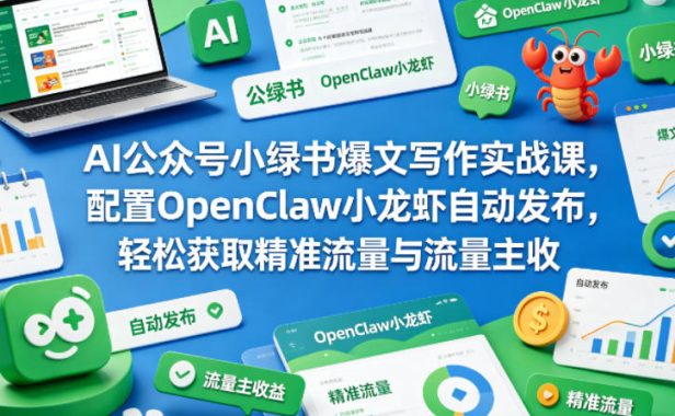 AI公众号小绿书爆文写作实战课，配置OpenClaw小龙虾自动发布，轻松获取精准流量与流量主收益
